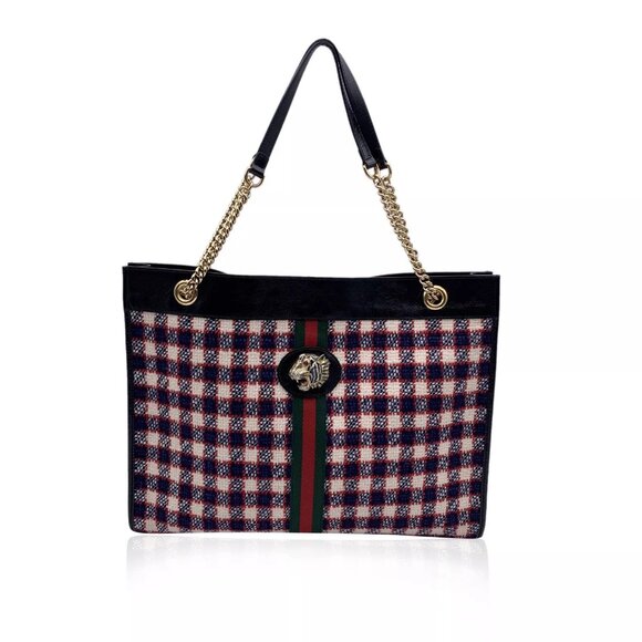 (R779) Gucci White Red Blue Rajah Checked Tweed Large Tote Shoulder Bag - Picture 1 of 6